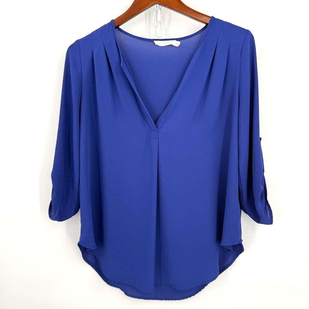 Lush Royal Blue Blouse Womens M Roll Tab Sleeve V Neck Hi Low Sheer Top
